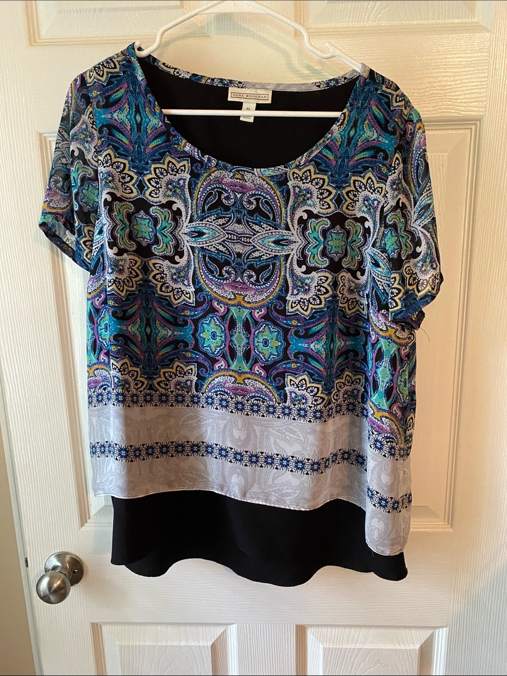 Dana Buchman Short Sleeve Paisley Print Layered Women’s Top - Blue/Purple